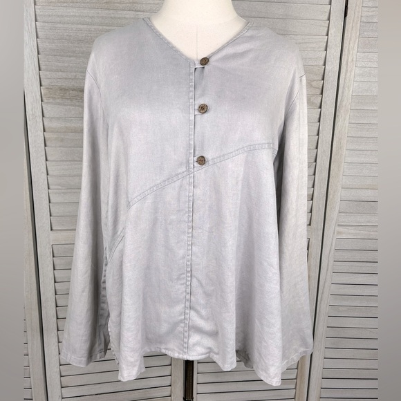J. JILL Linen Tunic Top Minimalist Gray Wood Buttons-Large - Picture 1 of 3
